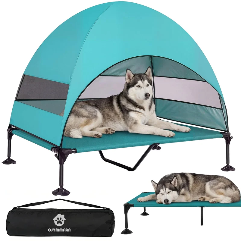 Erhöhtes Hundebett Outdoor mit UV-beständiges Dach，Hundeliege Klappbar mit Anti-Rutsch-Füßen, Hundezelt Outdoor mit Großem Schatten, Kühlendes ErhöHtes Hunde Bett für Camping, Garten & Pool (Grau, L)
