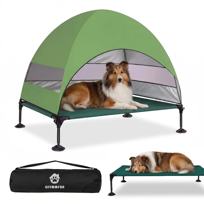 Erhöhtes Hundebett Outdoor mit UV-beständiges Dach，Hundeliege Klappbar mit Anti-Rutsch-Füßen, Hundezelt Outdoor mit Großem Schatten, Kühlendes ErhöHtes Hunde Bett für Camping, Garten & Pool (Grau, L)