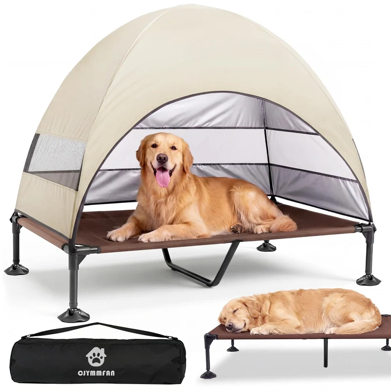 Erhöhtes Hundebett Outdoor mit UV-beständiges Dach，Hundeliege Klappbar mit Anti-Rutsch-Füßen, Hundezelt Outdoor mit Großem Schatten, Kühlendes ErhöHtes Hunde Bett für Camping, Garten & Pool (Grau, L)