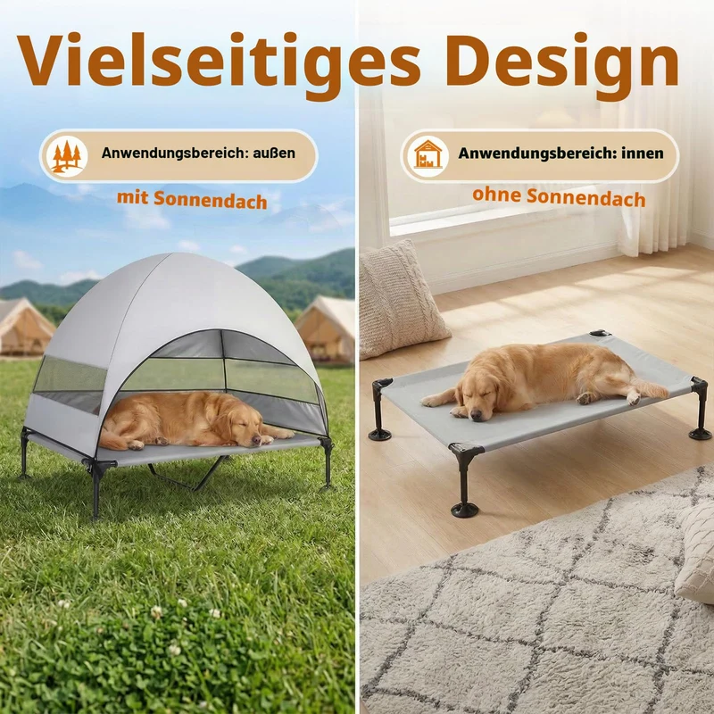 Erhöhtes Hundebett Outdoor mit UV-beständiges Dach，Hundeliege Klappbar mit Anti-Rutsch-Füßen, Hundezelt Outdoor mit Großem Schatten, Kühlendes ErhöHtes Hunde Bett für Camping, Garten & Pool (Grau, L)
