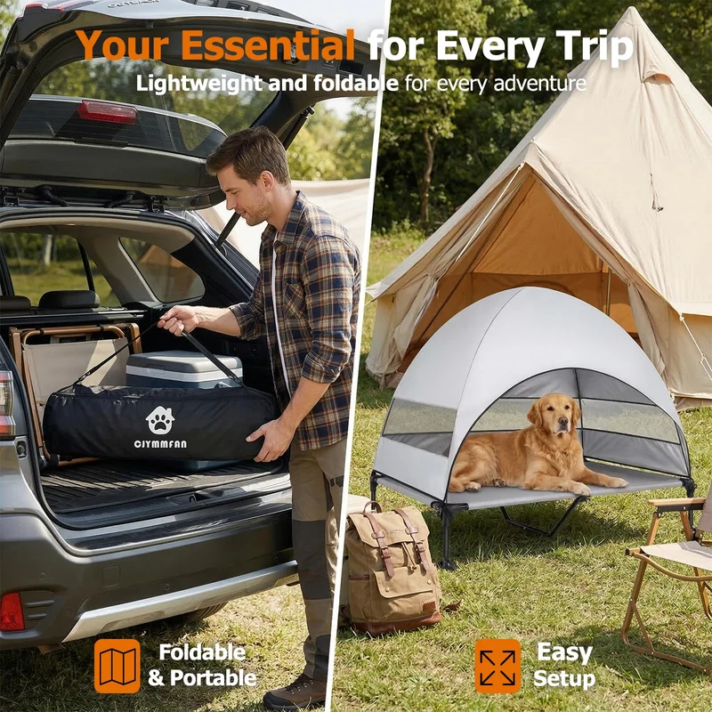 Erhöhtes Hundebett Outdoor mit UV-beständiges Dach，Hundeliege Klappbar mit Anti-Rutsch-Füßen, Hundezelt Outdoor mit Großem Schatten, Kühlendes ErhöHtes Hunde Bett für Camping, Garten & Pool (Grau, L)