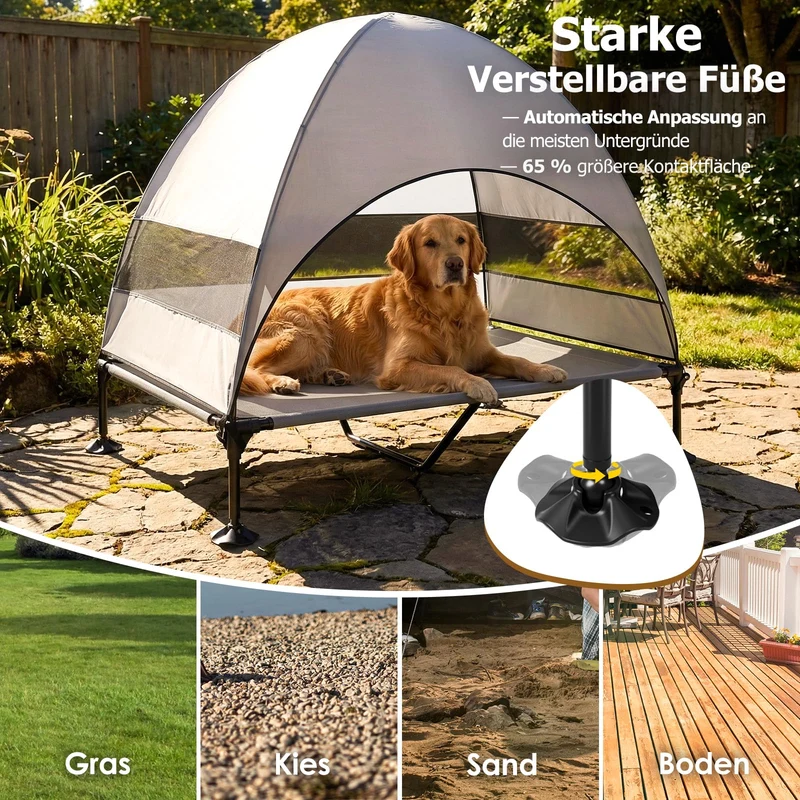 Erhöhtes Hundebett Outdoor mit UV-beständiges Dach，Hundeliege Klappbar mit Anti-Rutsch-Füßen, Hundezelt Outdoor mit Großem Schatten, Kühlendes ErhöHtes Hunde Bett für Camping, Garten & Pool (Grau, L)