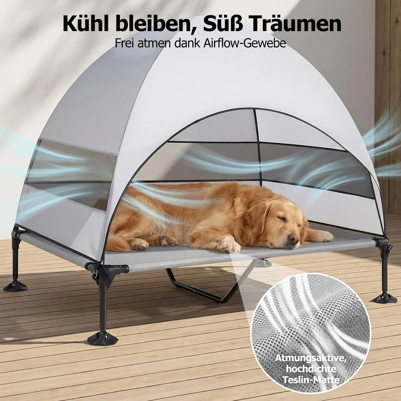 Erhöhtes Hundebett Outdoor mit UV-beständiges Dach，Hundeliege Klappbar mit Anti-Rutsch-Füßen, Hundezelt Outdoor mit Großem Schatten, Kühlendes ErhöHtes Hunde Bett für Camping, Garten & Pool (Grau, L)