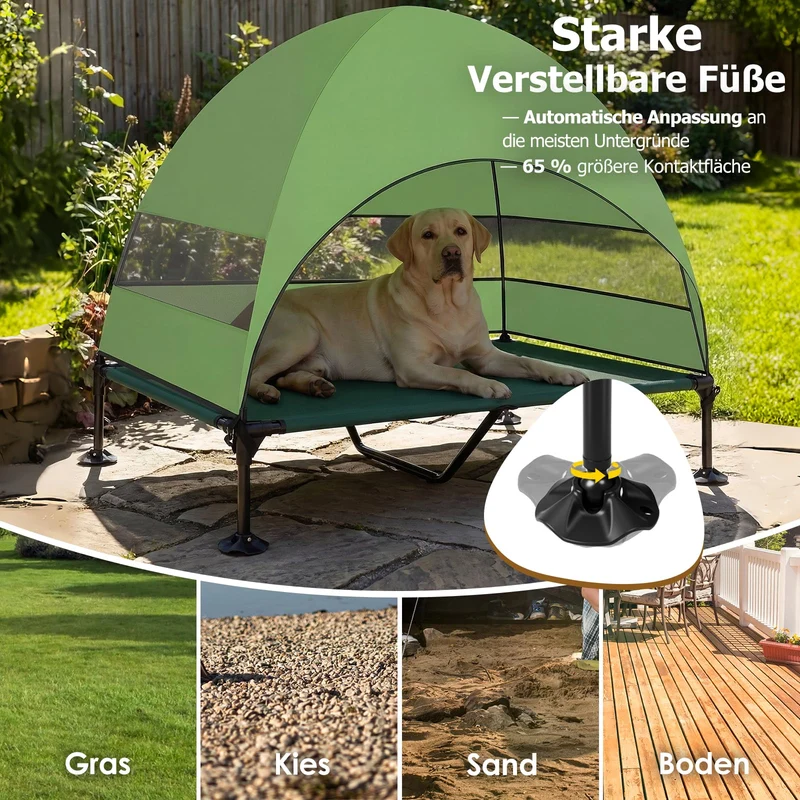 Erhöhtes Hundebett Outdoor mit UV-beständiges Dach，Hundeliege Klappbar mit Anti-Rutsch-Füßen, Hundezelt Outdoor mit Großem Schatten, Kühlendes ErhöHtes Hunde Bett für Camping, Garten & Pool (Grau, L)