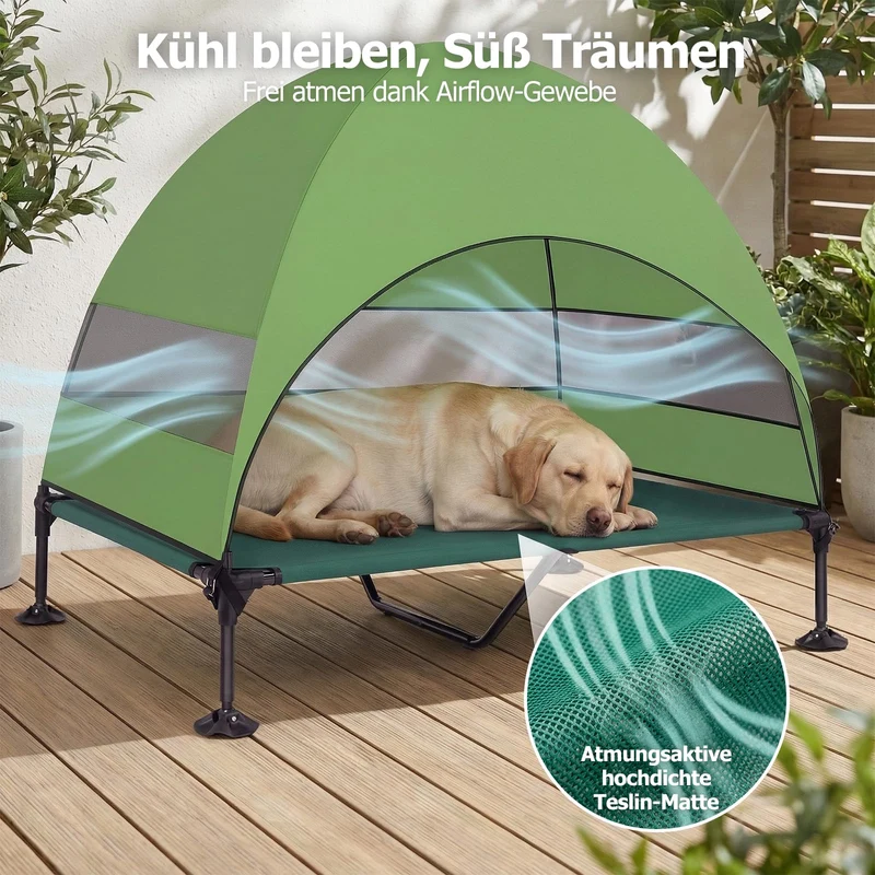 Erhöhtes Hundebett Outdoor mit UV-beständiges Dach，Hundeliege Klappbar mit Anti-Rutsch-Füßen, Hundezelt Outdoor mit Großem Schatten, Kühlendes ErhöHtes Hunde Bett für Camping, Garten & Pool (Grau, L)
