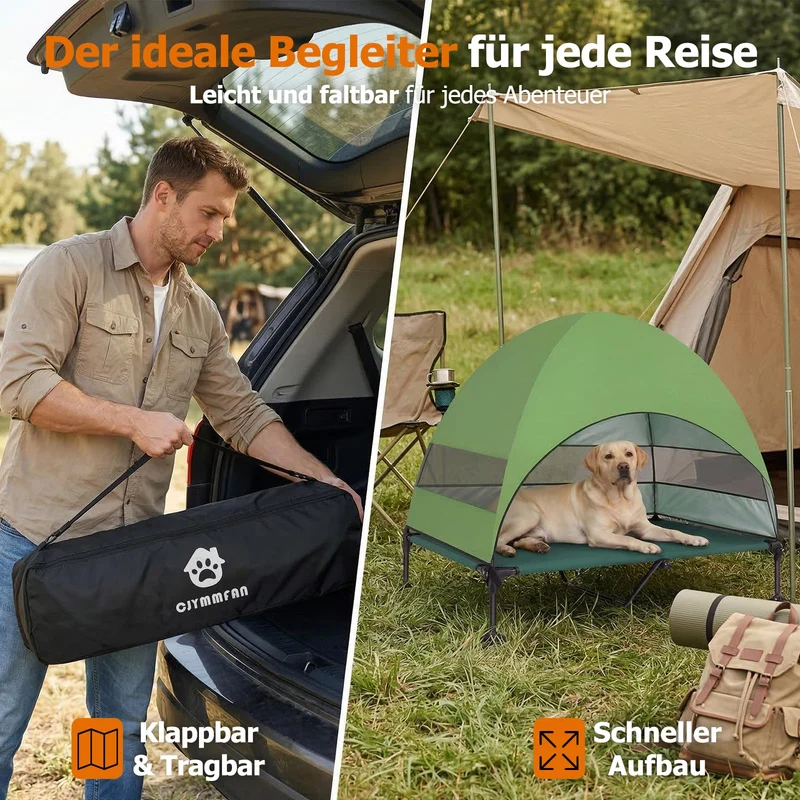 Erhöhtes Hundebett Outdoor mit UV-beständiges Dach，Hundeliege Klappbar mit Anti-Rutsch-Füßen, Hundezelt Outdoor mit Großem Schatten, Kühlendes ErhöHtes Hunde Bett für Camping, Garten & Pool (Grau, L)