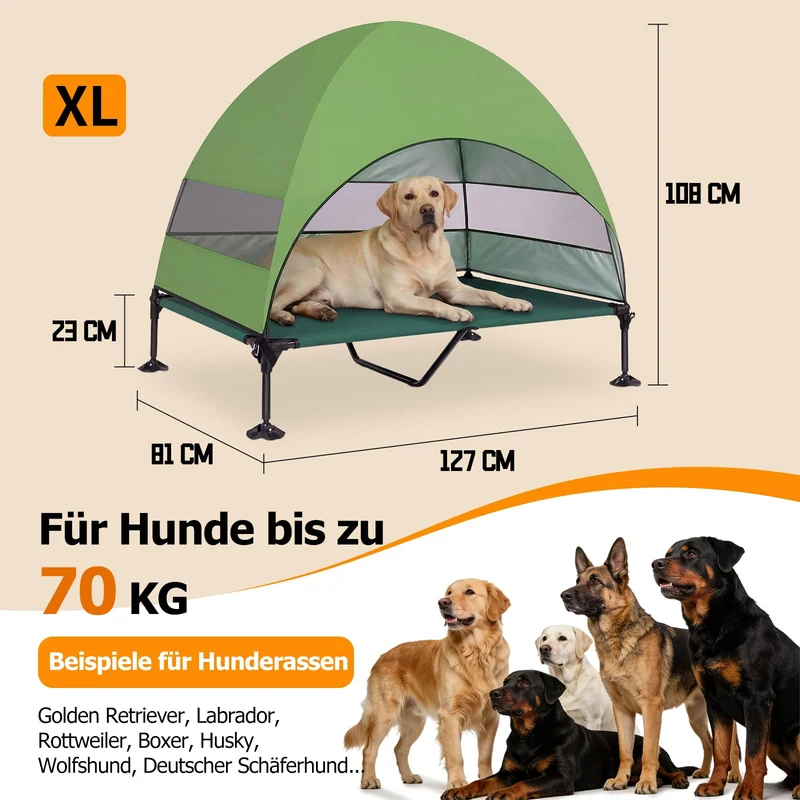 Erhöhtes Hundebett Outdoor mit UV-beständiges Dach，Hundeliege Klappbar mit Anti-Rutsch-Füßen, Hundezelt Outdoor mit Großem Schatten, Kühlendes ErhöHtes Hunde Bett für Camping, Garten & Pool (Grau, L)