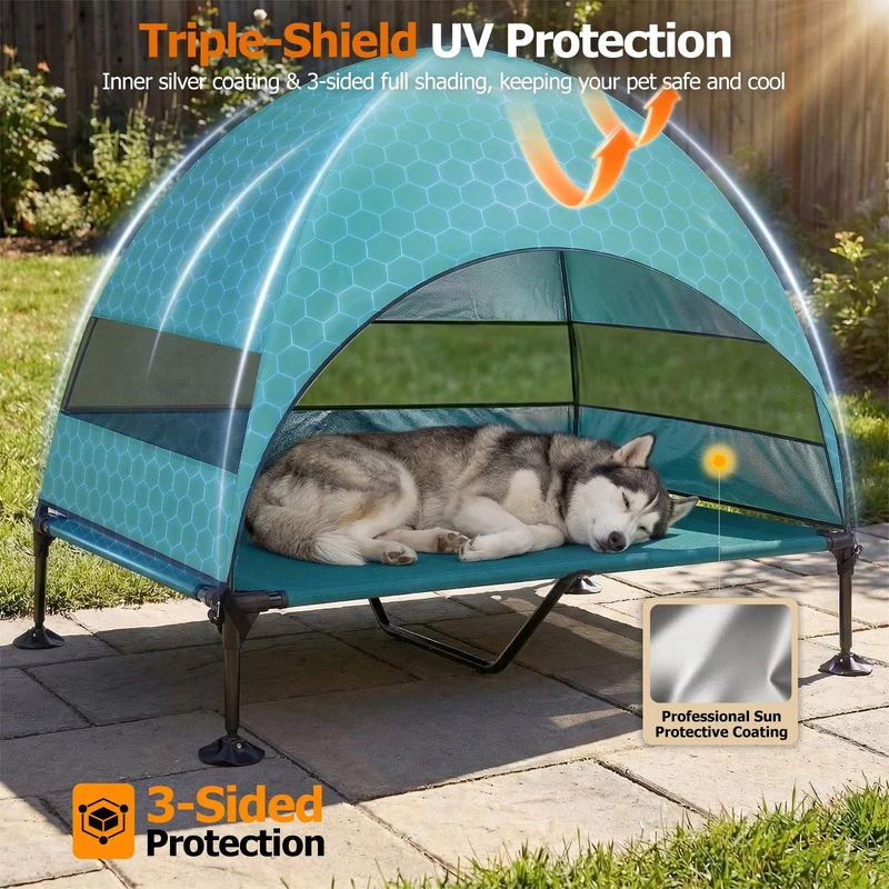 Erhöhtes Hundebett Outdoor mit UV-beständiges Dach，Hundeliege Klappbar mit Anti-Rutsch-Füßen, Hundezelt Outdoor mit Großem Schatten, Kühlendes ErhöHtes Hunde Bett für Camping, Garten & Pool (Grau, L)