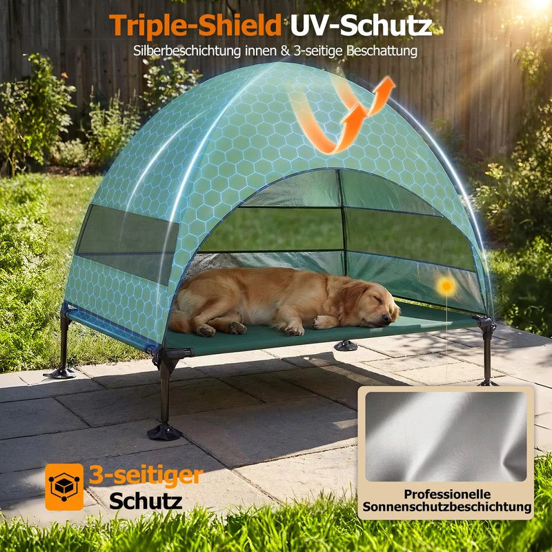 Erhöhtes Hundebett Outdoor mit UV-beständiges Dach，Hundeliege Klappbar mit Anti-Rutsch-Füßen, Hundezelt Outdoor mit Großem Schatten, Kühlendes ErhöHtes Hunde Bett für Camping, Garten & Pool (Grau, L)