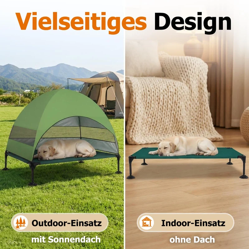 Erhöhtes Hundebett Outdoor mit UV-beständiges Dach，Hundeliege Klappbar mit Anti-Rutsch-Füßen, Hundezelt Outdoor mit Großem Schatten, Kühlendes ErhöHtes Hunde Bett für Camping, Garten & Pool (Grau, L)
