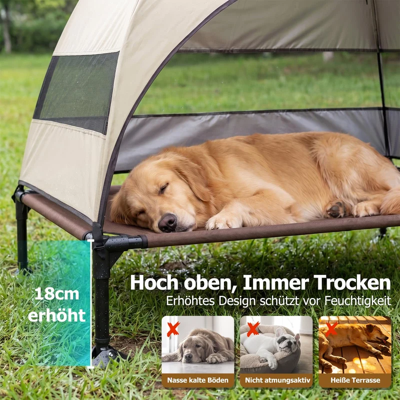 Erhöhtes Hundebett Outdoor mit UV-beständiges Dach，Hundeliege Klappbar mit Anti-Rutsch-Füßen, Hundezelt Outdoor mit Großem Schatten, Kühlendes ErhöHtes Hunde Bett für Camping, Garten & Pool (Grau, L)