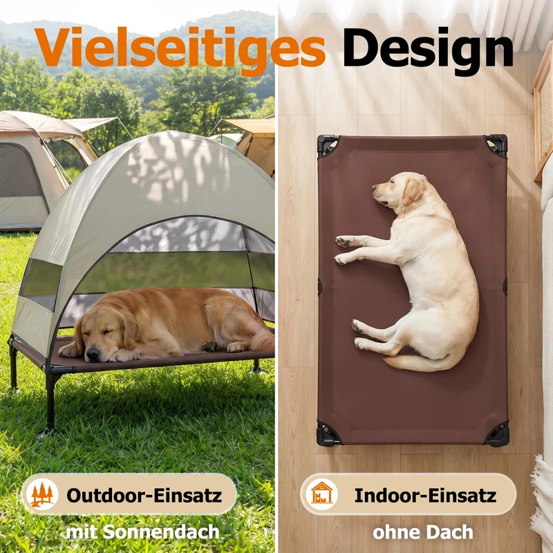 Erhöhtes Hundebett Outdoor mit UV-beständiges Dach，Hundeliege Klappbar mit Anti-Rutsch-Füßen, Hundezelt Outdoor mit Großem Schatten, Kühlendes ErhöHtes Hunde Bett für Camping, Garten & Pool (Grau, L)