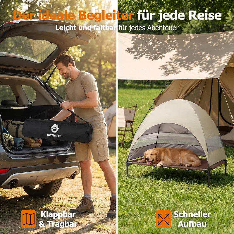 Erhöhtes Hundebett Outdoor mit UV-beständiges Dach，Hundeliege Klappbar mit Anti-Rutsch-Füßen, Hundezelt Outdoor mit Großem Schatten, Kühlendes ErhöHtes Hunde Bett für Camping, Garten & Pool (Grau, L)