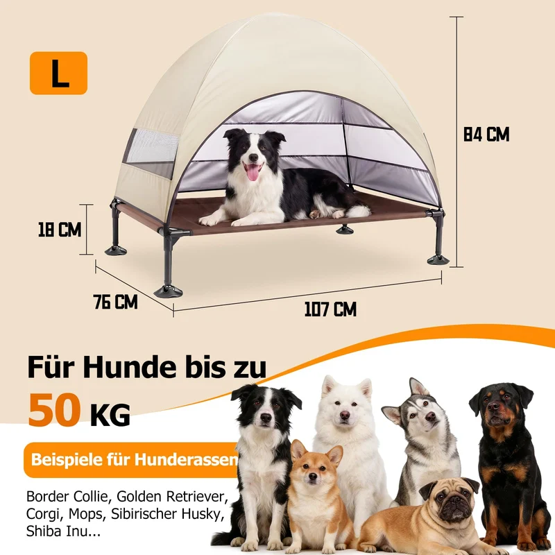 Erhöhtes Hundebett Outdoor mit UV-beständiges Dach，Hundeliege Klappbar mit Anti-Rutsch-Füßen, Hundezelt Outdoor mit Großem Schatten, Kühlendes ErhöHtes Hunde Bett für Camping, Garten & Pool (Grau, L)