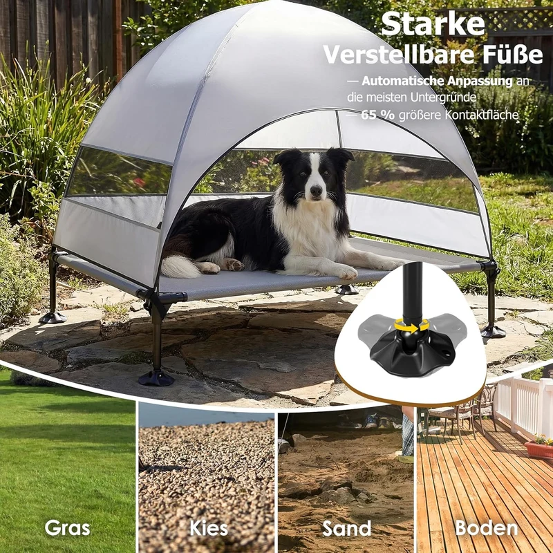 Erhöhtes Hundebett Outdoor mit UV-beständiges Dach，Hundeliege Klappbar mit Anti-Rutsch-Füßen, Hundezelt Outdoor mit Großem Schatten, Kühlendes ErhöHtes Hunde Bett für Camping, Garten & Pool (Grau, L)