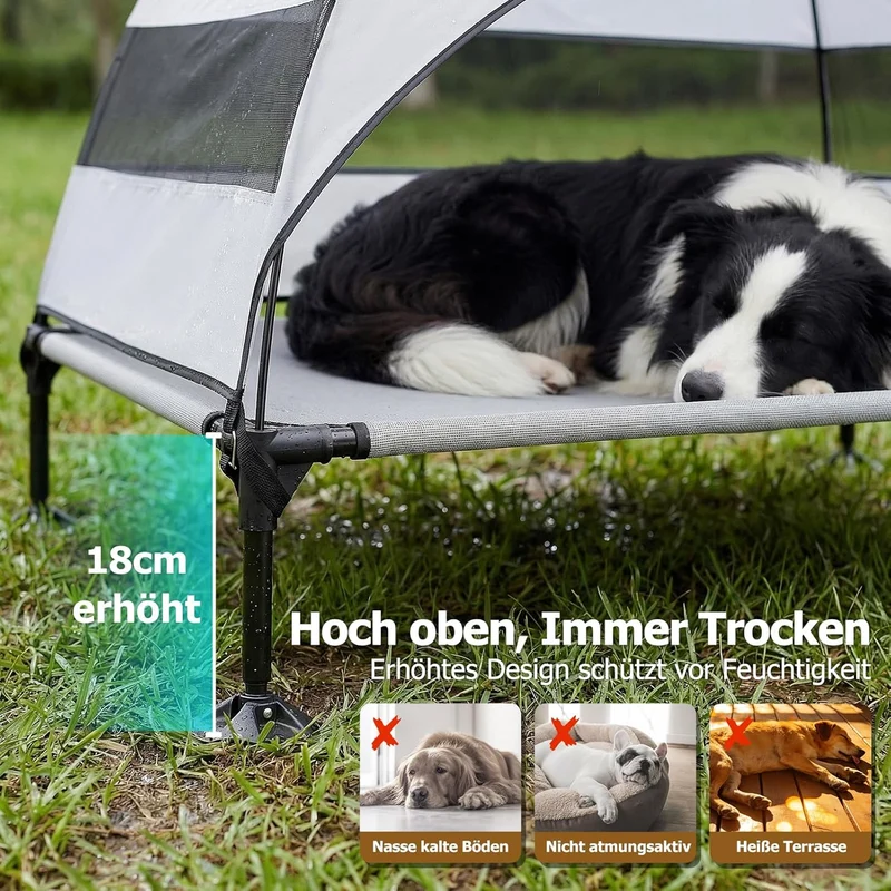 Erhöhtes Hundebett Outdoor mit UV-beständiges Dach，Hundeliege Klappbar mit Anti-Rutsch-Füßen, Hundezelt Outdoor mit Großem Schatten, Kühlendes ErhöHtes Hunde Bett für Camping, Garten & Pool (Grau, L)
