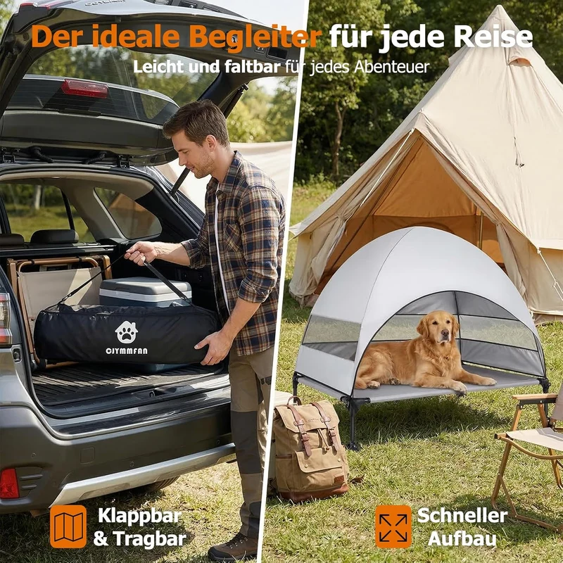 Erhöhtes Hundebett Outdoor mit UV-beständiges Dach，Hundeliege Klappbar mit Anti-Rutsch-Füßen, Hundezelt Outdoor mit Großem Schatten, Kühlendes ErhöHtes Hunde Bett für Camping, Garten & Pool (Grau, L)