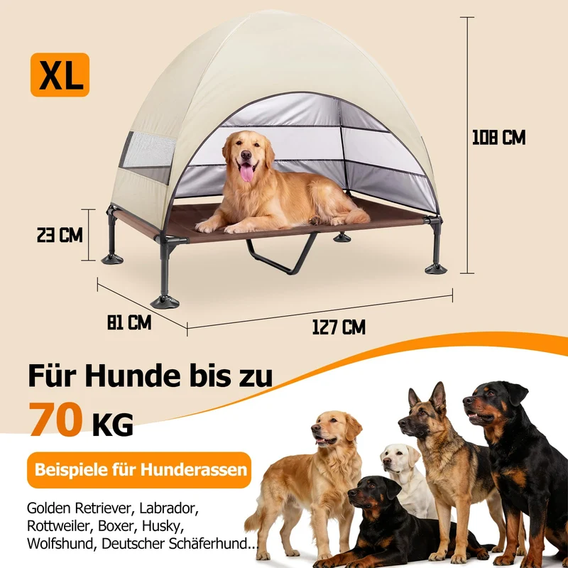 Erhöhtes Hundebett Outdoor mit UV-beständiges Dach，Hundeliege Klappbar mit Anti-Rutsch-Füßen, Hundezelt Outdoor mit Großem Schatten, Kühlendes ErhöHtes Hunde Bett für Camping, Garten & Pool (Grau, L)