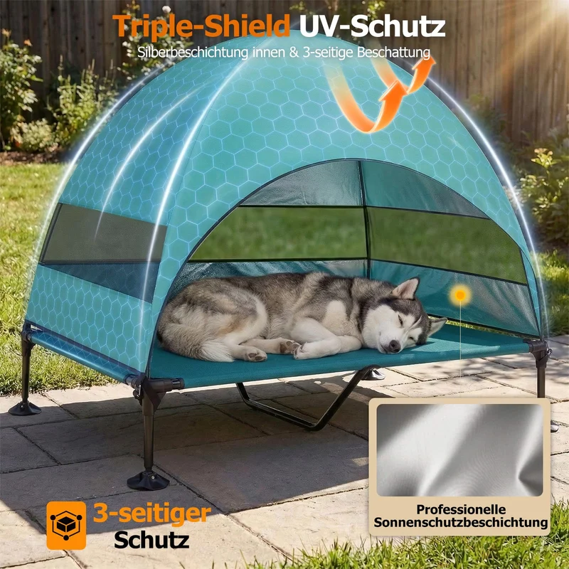 Erhöhtes Hundebett Outdoor mit UV-beständiges Dach，Hundeliege Klappbar mit Anti-Rutsch-Füßen, Hundezelt Outdoor mit Großem Schatten, Kühlendes ErhöHtes Hunde Bett für Camping, Garten & Pool (Grau, L)
