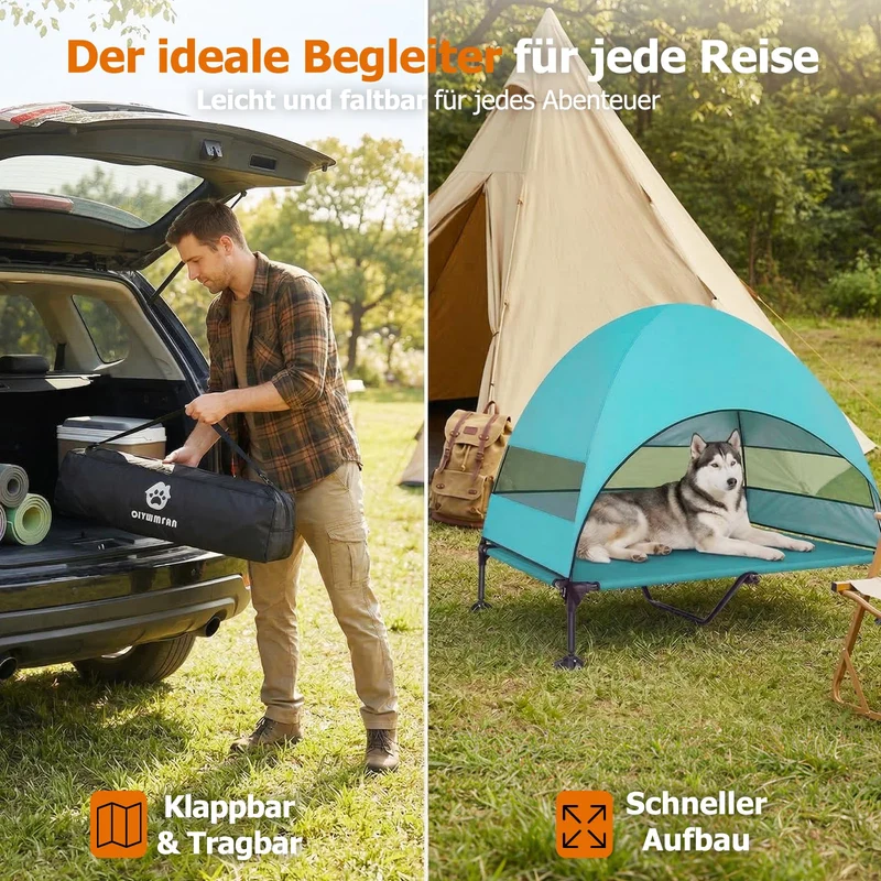 Erhöhtes Hundebett Outdoor mit UV-beständiges Dach，Hundeliege Klappbar mit Anti-Rutsch-Füßen, Hundezelt Outdoor mit Großem Schatten, Kühlendes ErhöHtes Hunde Bett für Camping, Garten & Pool (Grau, L)