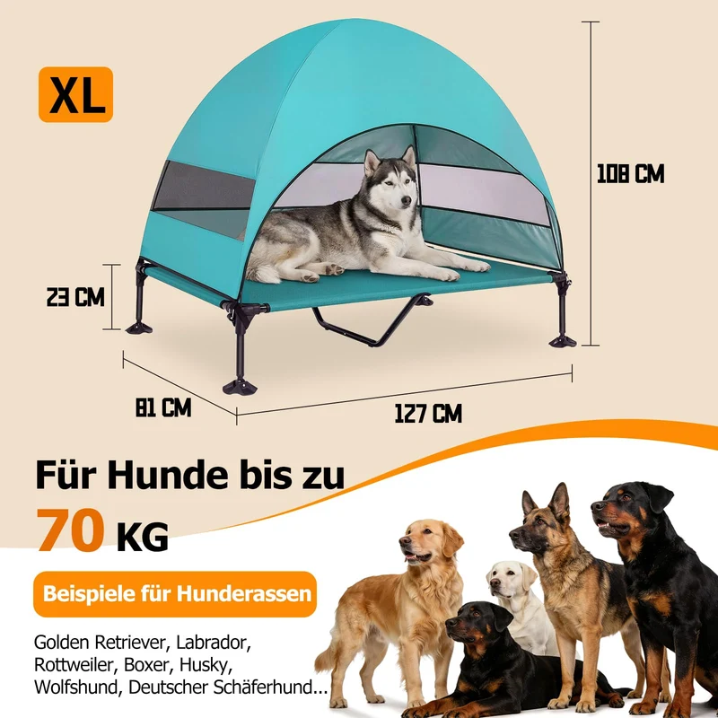 Erhöhtes Hundebett Outdoor mit UV-beständiges Dach，Hundeliege Klappbar mit Anti-Rutsch-Füßen, Hundezelt Outdoor mit Großem Schatten, Kühlendes ErhöHtes Hunde Bett für Camping, Garten & Pool (Grau, L)