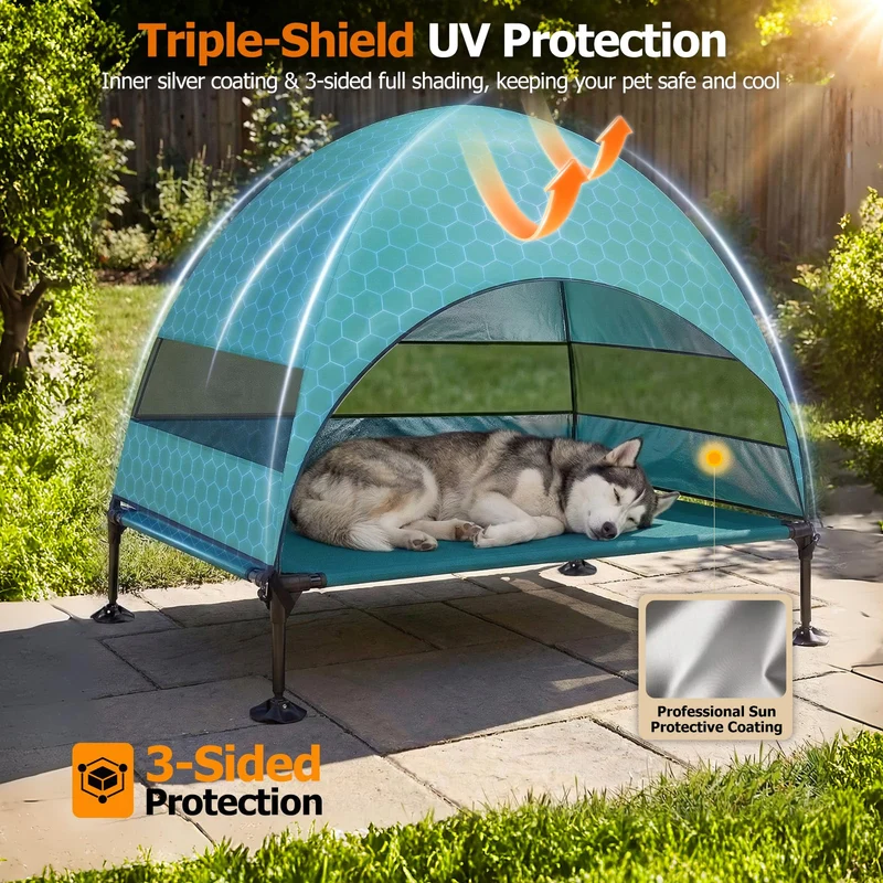 Erhöhtes Hundebett Outdoor mit UV-beständiges Dach，Hundeliege Klappbar mit Anti-Rutsch-Füßen, Hundezelt Outdoor mit Großem Schatten, Kühlendes ErhöHtes Hunde Bett für Camping, Garten & Pool (Grau, L)