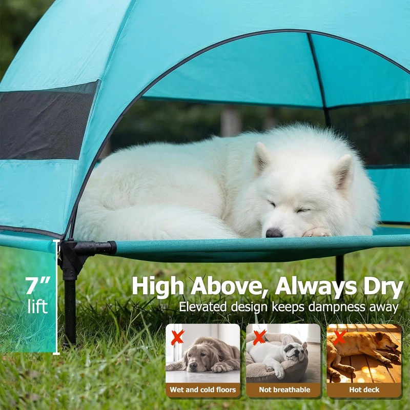 Erhöhtes Hundebett Outdoor mit UV-beständiges Dach，Hundeliege Klappbar mit Anti-Rutsch-Füßen, Hundezelt Outdoor mit Großem Schatten, Kühlendes ErhöHtes Hunde Bett für Camping, Garten & Pool (Grau, L)