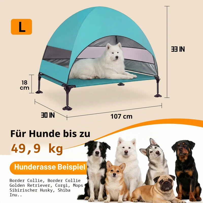 Erhöhtes Hundebett Outdoor mit UV-beständiges Dach，Hundeliege Klappbar mit Anti-Rutsch-Füßen, Hundezelt Outdoor mit Großem Schatten, Kühlendes ErhöHtes Hunde Bett für Camping, Garten & Pool (Grau, L)