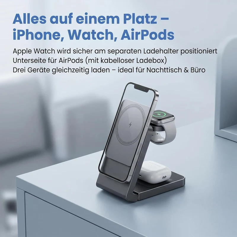 3 in 1 MagSafe Induktive Ladestation, Kabelloses Ladegerät QI2.2 | Magnet Induktionsladegerät für iPhone 12-17 Serie/Apple Watch/AirPods, Wireless Charger Stand mit 20W Adapter, Silber-Schwarz