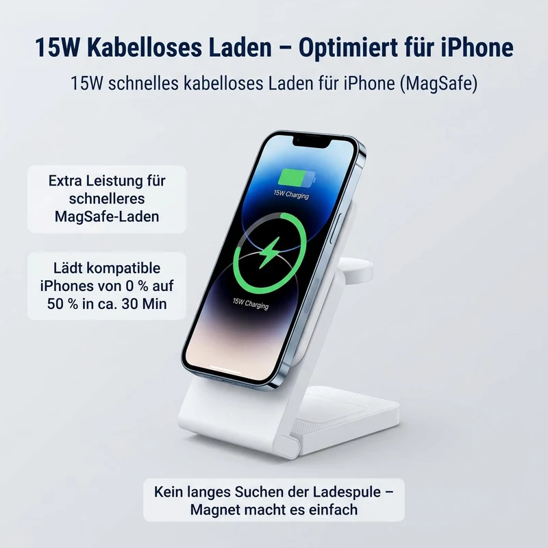 3 in 1 MagSafe Induktive Ladestation, Kabelloses Ladegerät QI2.2 | Magnet Induktionsladegerät für iPhone 12-17 Serie/Apple Watch/AirPods, Wireless Charger Stand mit 20W Adapter, Silber-Schwarz