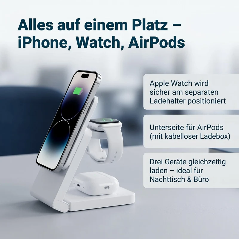 3 in 1 MagSafe Induktive Ladestation, Kabelloses Ladegerät QI2.2 | Magnet Induktionsladegerät für iPhone 12-17 Serie/Apple Watch/AirPods, Wireless Charger Stand mit 20W Adapter, Silber-Schwarz