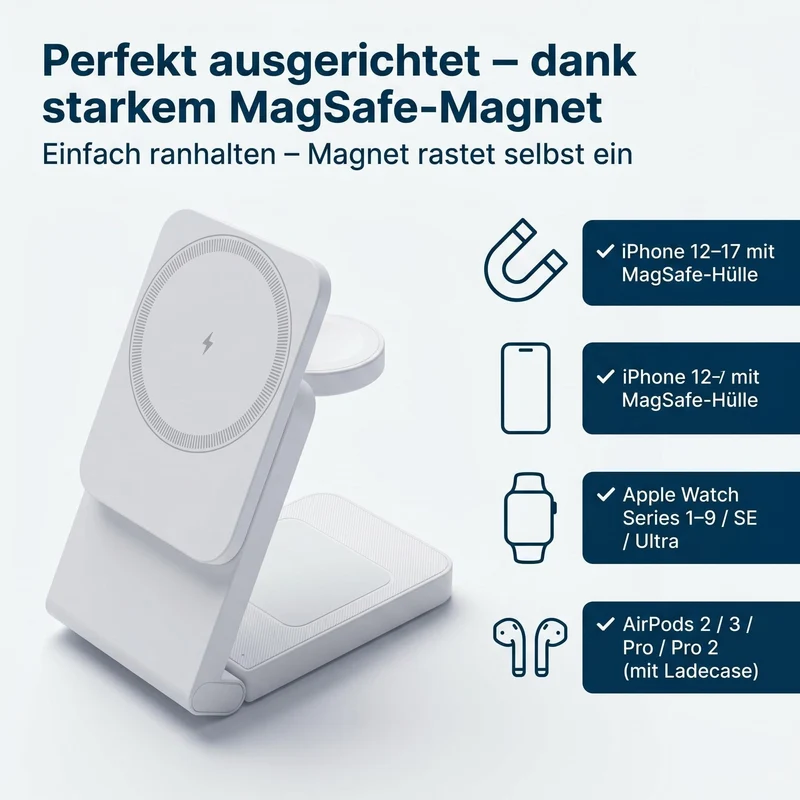 3 in 1 MagSafe Induktive Ladestation, Kabelloses Ladegerät QI2.2 | Magnet Induktionsladegerät für iPhone 12-17 Serie/Apple Watch/AirPods, Wireless Charger Stand mit 20W Adapter, Silber-Schwarz