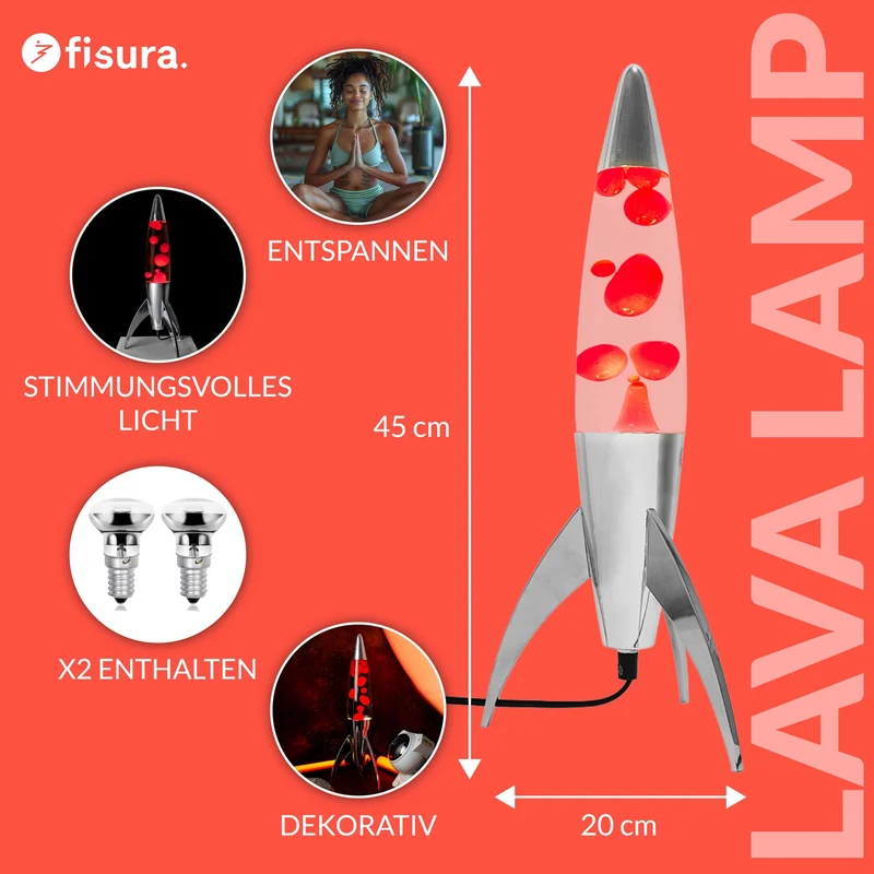 Lavalampe "Rocket" - Retro-Lavalampe mit Ersatzbirne, ideal für Wohnzimmer, Schlafzimmer und Büro. Maße: 20 x 20 x 45 cm.
