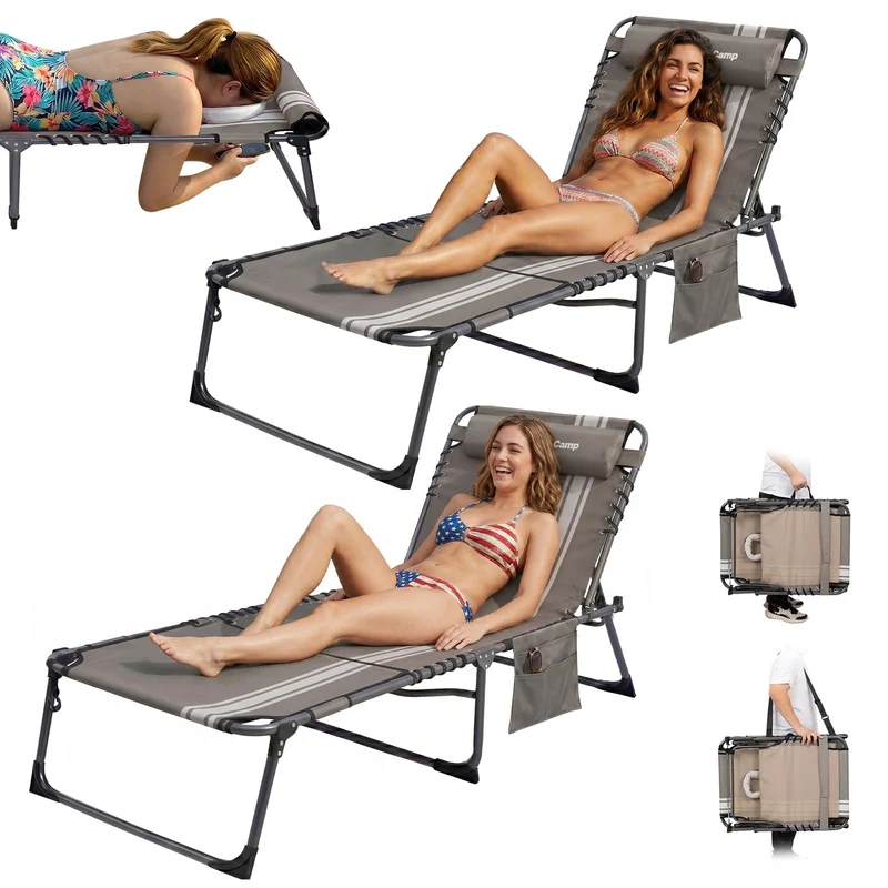 Sonnenliege Klappbar 5-Verstellbare, bis 180 kg, 2er Set, Blau | Gartenliege Klappbar, mit Kopfstütze & Seitentasche, Sonnenliege Wetterfest, Strandliege für Garten Terrasse Pool Camping