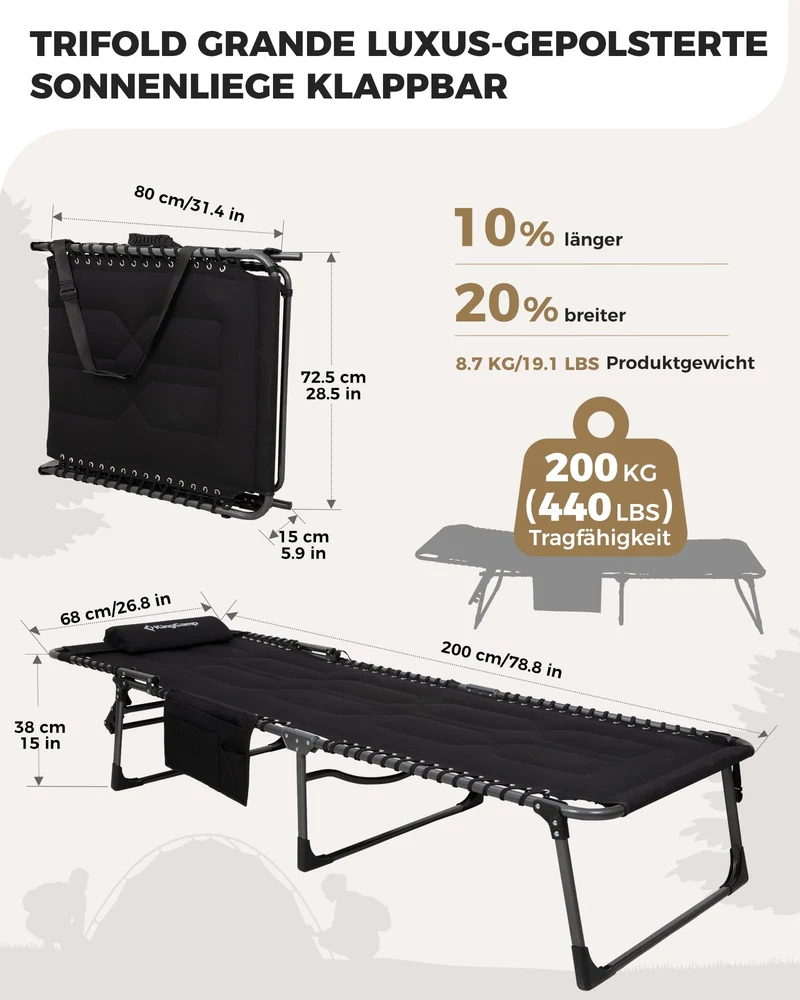 Sonnenliege Klappbar 5-Verstellbare, bis 180 kg, 2er Set, Blau | Gartenliege Klappbar, mit Kopfstütze & Seitentasche, Sonnenliege Wetterfest, Strandliege für Garten Terrasse Pool Camping