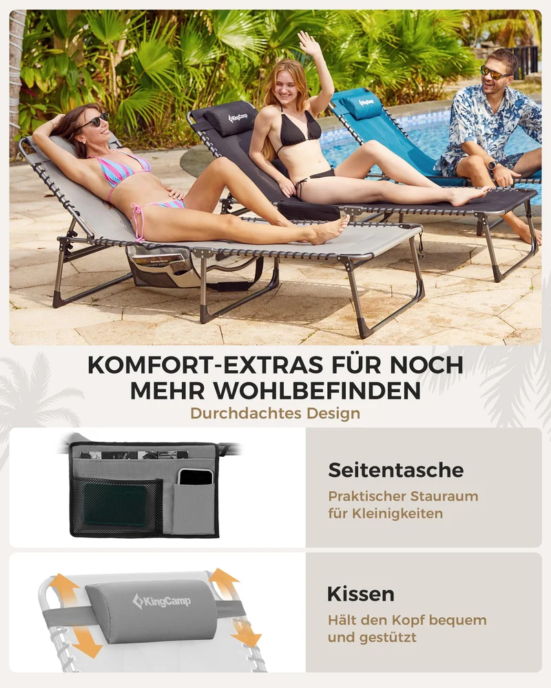 Sonnenliege Klappbar 5-Verstellbare, bis 180 kg, 2er Set, Blau | Gartenliege Klappbar, mit Kopfstütze & Seitentasche, Sonnenliege Wetterfest, Strandliege für Garten Terrasse Pool Camping