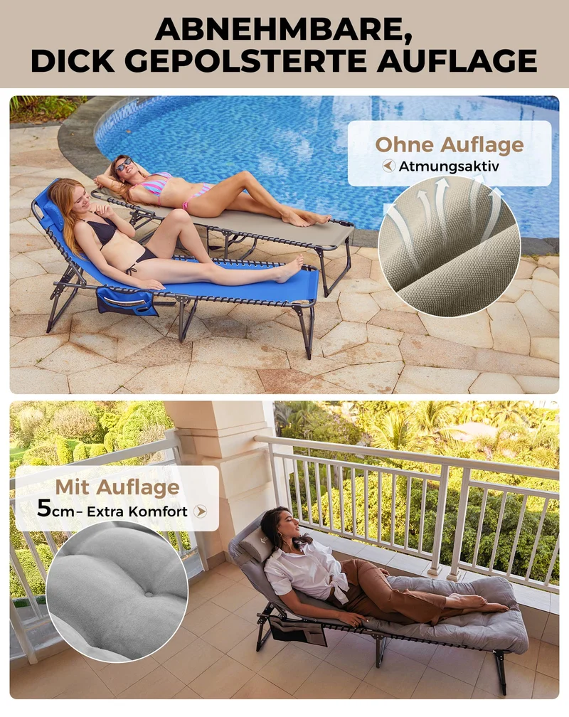 Sonnenliege Klappbar 5-Verstellbare, bis 180 kg, 2er Set, Blau | Gartenliege Klappbar, mit Kopfstütze & Seitentasche, Sonnenliege Wetterfest, Strandliege für Garten Terrasse Pool Camping