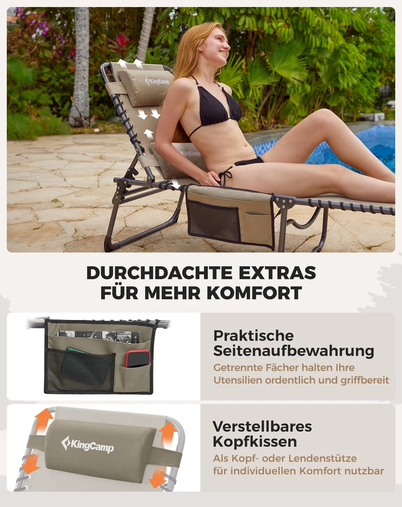 Sonnenliege Klappbar 5-Verstellbare, bis 180 kg, 2er Set, Blau | Gartenliege Klappbar, mit Kopfstütze & Seitentasche, Sonnenliege Wetterfest, Strandliege für Garten Terrasse Pool Camping