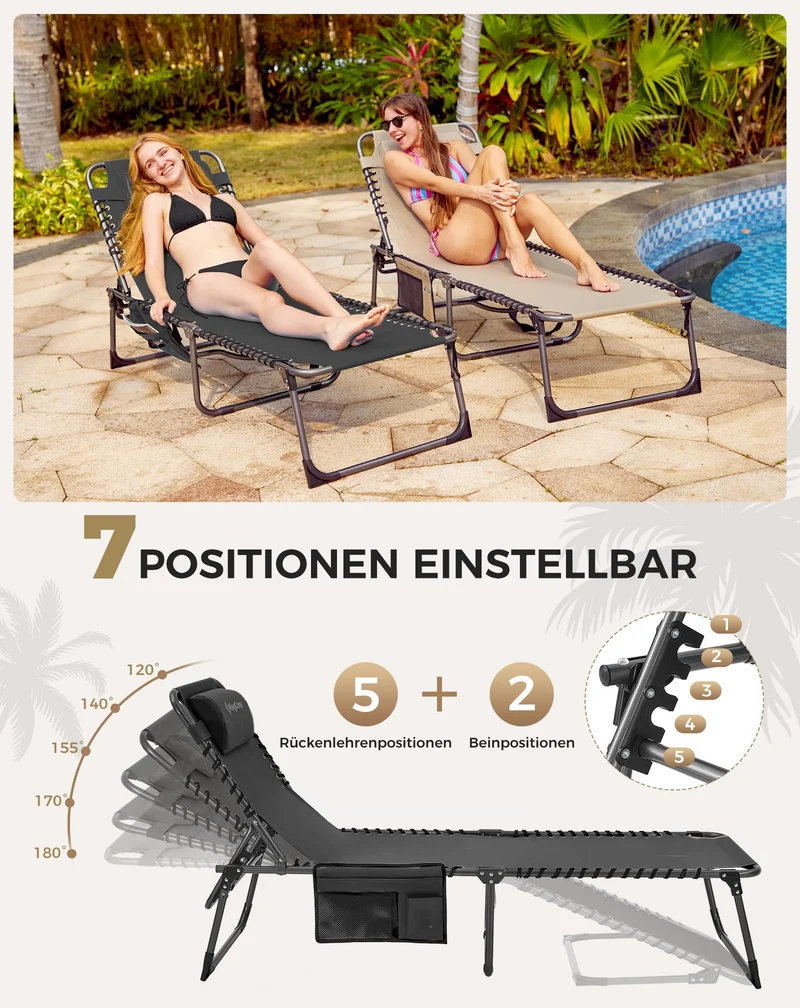 Sonnenliege Klappbar 5-Verstellbare, bis 180 kg, 2er Set, Blau | Gartenliege Klappbar, mit Kopfstütze & Seitentasche, Sonnenliege Wetterfest, Strandliege für Garten Terrasse Pool Camping