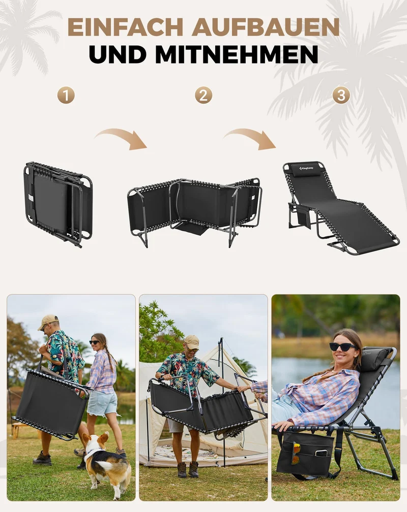 Sonnenliege Klappbar 5-Verstellbare, bis 180 kg, 2er Set, Blau | Gartenliege Klappbar, mit Kopfstütze & Seitentasche, Sonnenliege Wetterfest, Strandliege für Garten Terrasse Pool Camping