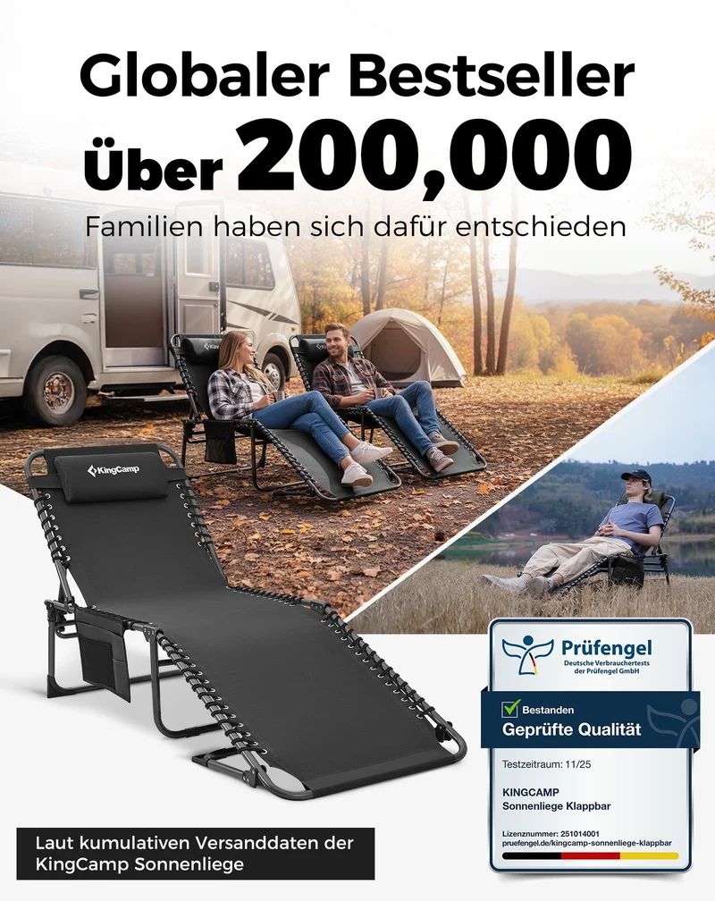Sonnenliege Klappbar 5-Verstellbare, bis 180 kg, 2er Set, Blau | Gartenliege Klappbar, mit Kopfstütze & Seitentasche, Sonnenliege Wetterfest, Strandliege für Garten Terrasse Pool Camping