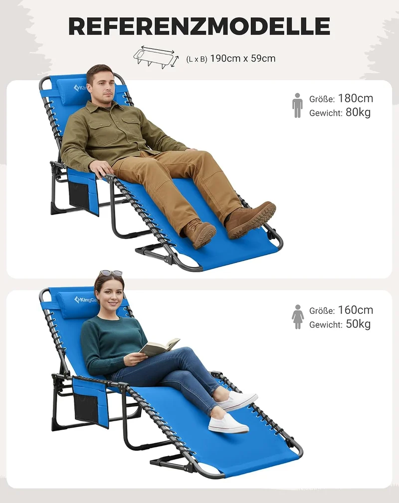 Sonnenliege Klappbar 5-Verstellbare, bis 180 kg, 2er Set, Blau | Gartenliege Klappbar, mit Kopfstütze & Seitentasche, Sonnenliege Wetterfest, Strandliege für Garten Terrasse Pool Camping