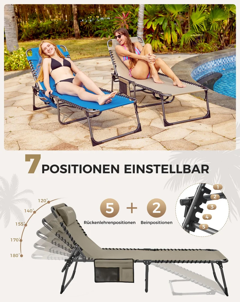 Sonnenliege Klappbar 5-Verstellbare, bis 180 kg, 2er Set, Blau | Gartenliege Klappbar, mit Kopfstütze & Seitentasche, Sonnenliege Wetterfest, Strandliege für Garten Terrasse Pool Camping