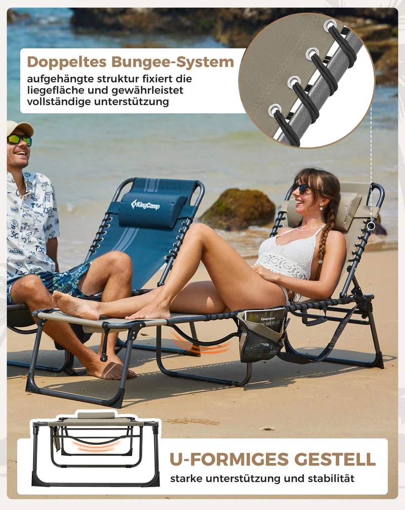 Sonnenliege Klappbar 5-Verstellbare, bis 180 kg, 2er Set, Blau | Gartenliege Klappbar, mit Kopfstütze & Seitentasche, Sonnenliege Wetterfest, Strandliege für Garten Terrasse Pool Camping
