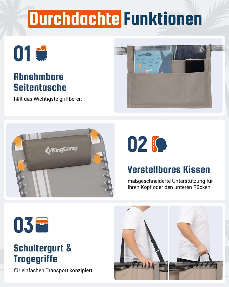 Sonnenliege Klappbar 5-Verstellbare, bis 180 kg, 2er Set, Blau | Gartenliege Klappbar, mit Kopfstütze & Seitentasche, Sonnenliege Wetterfest, Strandliege für Garten Terrasse Pool Camping