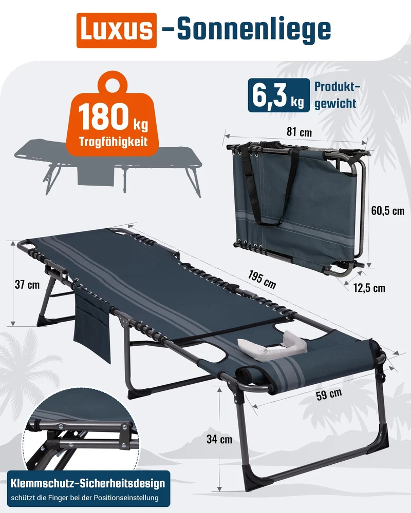 Sonnenliege Klappbar 5-Verstellbare, bis 180 kg, 2er Set, Blau | Gartenliege Klappbar, mit Kopfstütze & Seitentasche, Sonnenliege Wetterfest, Strandliege für Garten Terrasse Pool Camping