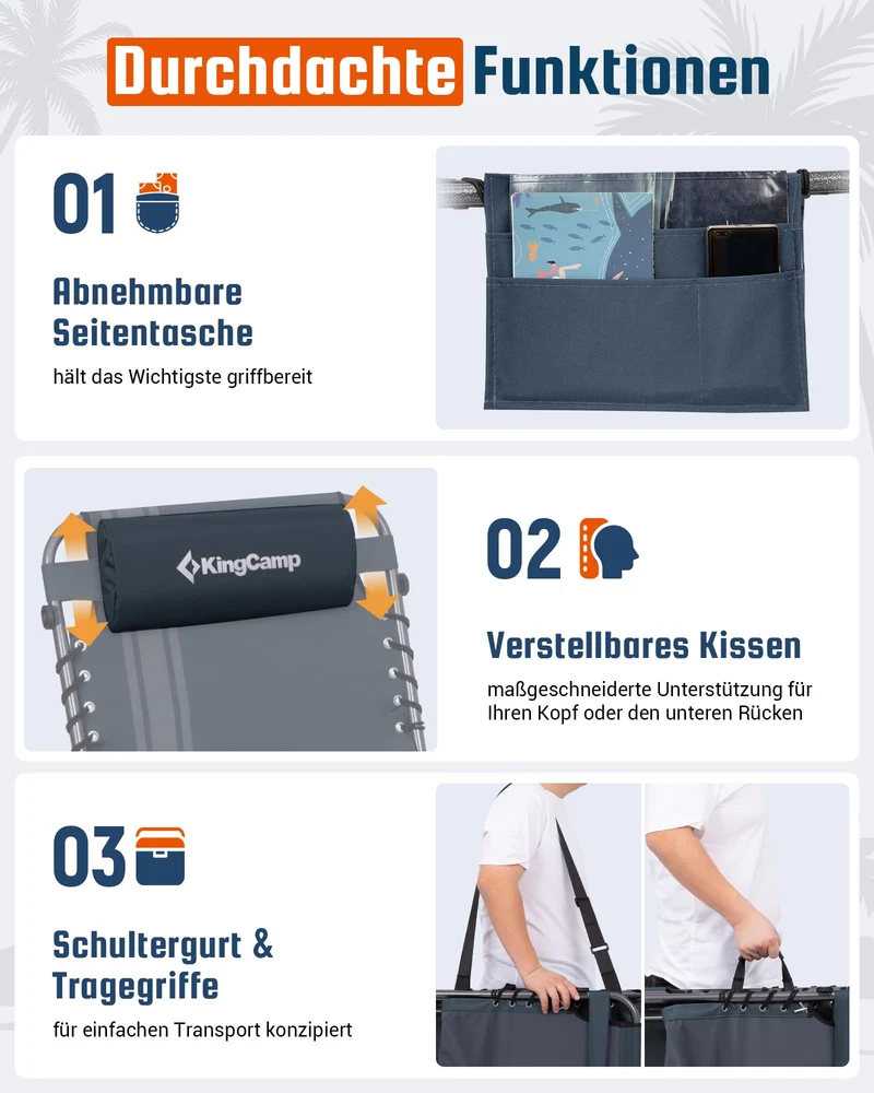 Sonnenliege Klappbar 5-Verstellbare, bis 180 kg, 2er Set, Blau | Gartenliege Klappbar, mit Kopfstütze & Seitentasche, Sonnenliege Wetterfest, Strandliege für Garten Terrasse Pool Camping