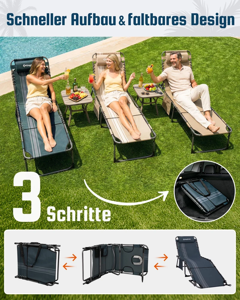 Sonnenliege Klappbar 5-Verstellbare, bis 180 kg, 2er Set, Blau | Gartenliege Klappbar, mit Kopfstütze & Seitentasche, Sonnenliege Wetterfest, Strandliege für Garten Terrasse Pool Camping