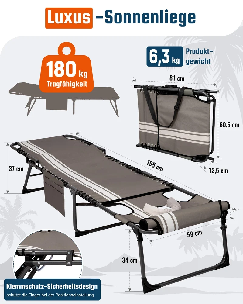 Sonnenliege Klappbar 5-Verstellbare, bis 180 kg, 2er Set, Blau | Gartenliege Klappbar, mit Kopfstütze & Seitentasche, Sonnenliege Wetterfest, Strandliege für Garten Terrasse Pool Camping