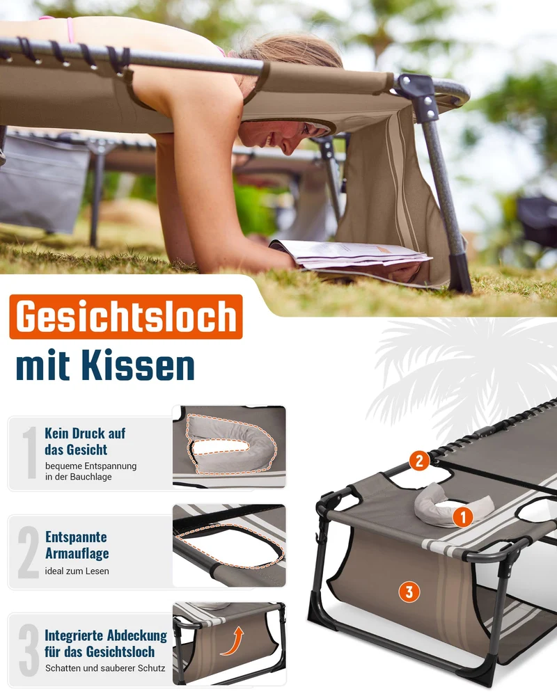 Sonnenliege Klappbar 5-Verstellbare, bis 180 kg, 2er Set, Blau | Gartenliege Klappbar, mit Kopfstütze & Seitentasche, Sonnenliege Wetterfest, Strandliege für Garten Terrasse Pool Camping